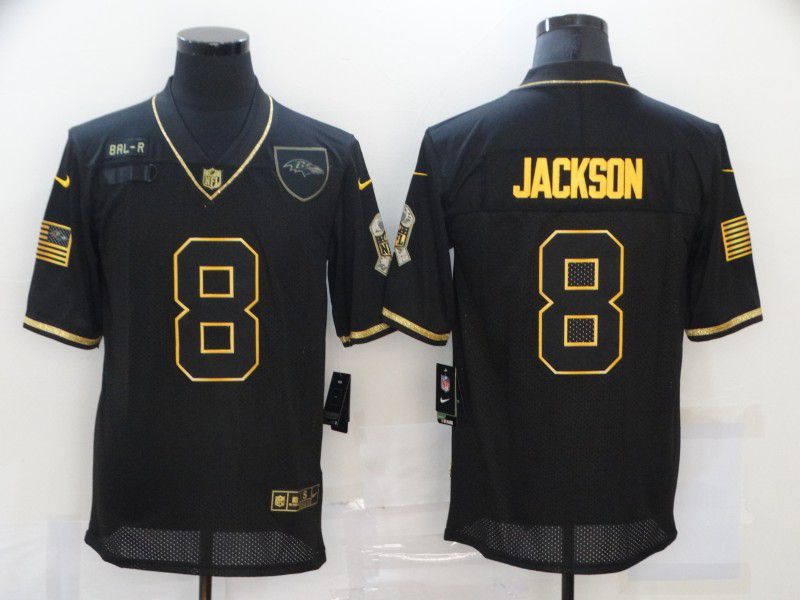 Men Baltimore Ravens 8 Jackson Black Retro Gold Lettering 2020 Nike NFL Jersey